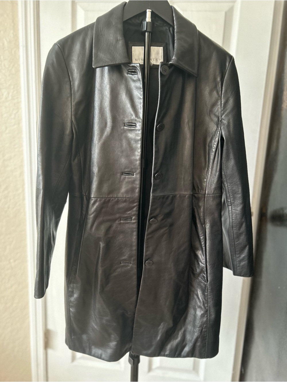 Vintage Y2K Nine West Black Genuine Leather Trench Jacket Coat